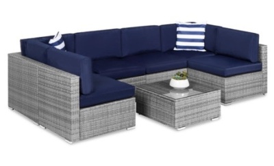 7-Piece Modular Wicker Sectional Conversation Set w/ 2 Pillows, Cover, Gray/Navy