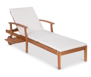 Adjustable Acacia Wood Chaise Lounge Chair w/ Side Table, Wheels - 79x26in, Cream