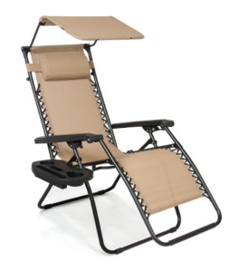 Folding Zero Gravity Recliner Patio Lounge Chair w/ Canopy, Side Tray, Beige