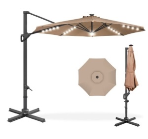 360-Degree Solar LED Cantilever Offset Patio Umbrella w/ Tilt - 10ft, Tan