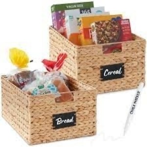 Set of 2 Water Hyancinth Pantry Baskets w/ Chalkboard, Marker - 16in