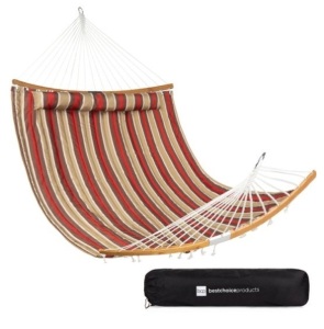 2-Person Quilted Portable Hammock w/ Curved Bamboo Spreader Bar, Carry Bag, Burgundy/Tan Stripe