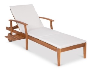 Adjustable Acacia Wood Chaise Lounge Chair w/ Side Table, Wheels - 79x26in, Cream