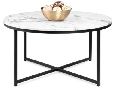 Round Coffee Table w/ Faux Marble Top, Metal Frame - 36in, Black