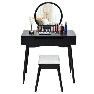 Black Makeup Vanity Table Set w/Round Mirror & 2 Sliding Drawers 