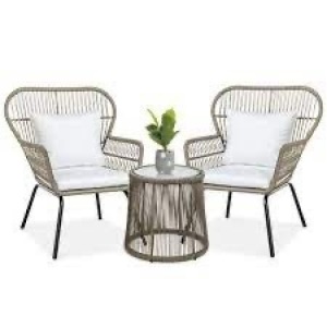 3-Piece Patio Wicker Conversation Bistro Set w/ 2 Chairs, Glass Top Table