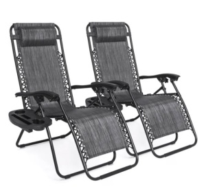 Set of 2 Adjustable Zero Gravity Patio Chair Recliners w/ Cup Holders, Appears New/Box Damaged