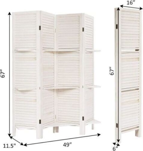 5.6' 4-Panel Wood Room Divider with Shelves - White