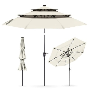 3-Tier Solar Patio Umbrella w/ LED Lights, Tilt Adjustment, Crank - 10ft, Appears New