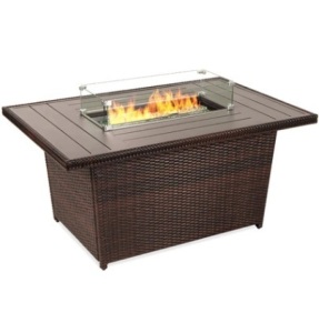 Wicker Propane Fire Pit Table, 50,000 BTU w/ Glass Wind Guard, Cover - 52in