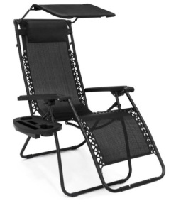 Folding Zero Gravity Recliner Patio Lounge Chair w/ Canopy, Side Tray, Black