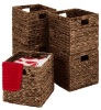 Set of 5 Collapsible Hyacinth Storage Baskets w/ Inserts - 12x12in, Espresso