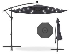 Solar LED Offset Hanging Patio Umbrella w/ Crank Tilt Adjustment - 10ft, Gray