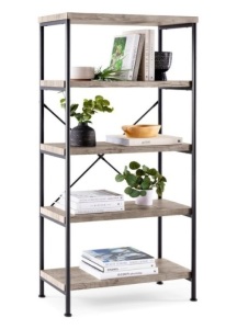 5-Tier Industrial Bookshelf w/ Metal Frame, Wood Shelves, Gray