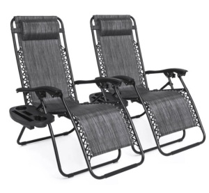 Set of 2 Adjustable Zero Gravity Patio Chair Recliners w/ Cup Holders, Gray