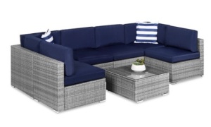 7-Piece Modular Wicker Sectional Conversation Set w/ 2 Pillows, Cover, Gray/Navy