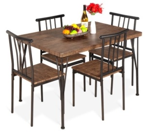 5-Piece Modern Metal and Wood Dining Table Furniture Set w/ 4 Chairs, Drift Brown