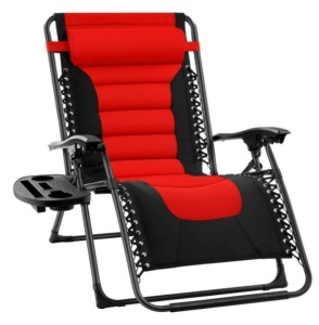 Oversized Padded Zero Gravity Chair, Folding Recliner w/ Headrest, Side Tray, Red