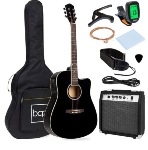 Beginner Acoustic Electric Cutaway Guitar Set w/ Case, Strap - 41in, Black