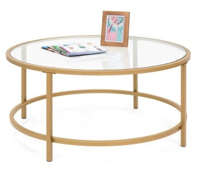 Round Tempered Glass Coffee Table w/ Steel Frame - 36in, Gold