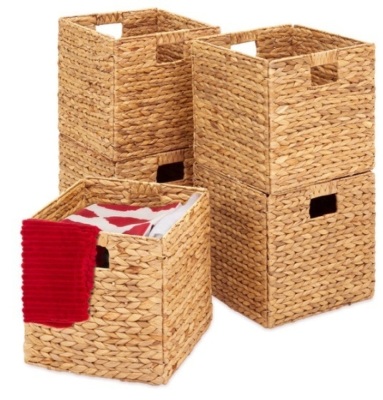 Set of 5 Collapsible Hyacinth Storage Baskets w/ Inserts - 12x12in, Natural