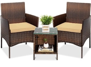 3-Piece Outdoor Wicker Conversation Bistro Set, Space Saving Patio Furniture for Yard, Garden w/ 2 Chairs, 2 Cushions, Side Storage Table - Brown/Tan