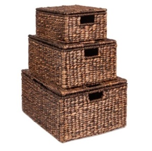 Set of 3 Large Hyacinth Storage Baskets w/ Handles, Lid - 21", 20", 18"