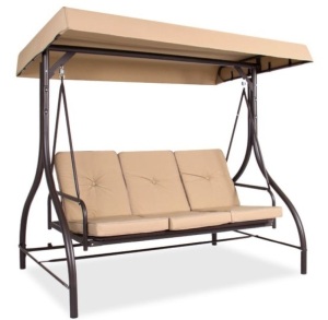 3-Seat Outdoor Canopy Swing Glider Furniture w/ Converting Flatbed Backrest, Tan