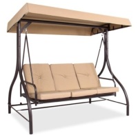 3-Seat Outdoor Canopy Swing Glider Furniture w/ Converting Flatbed Backrest, Tan