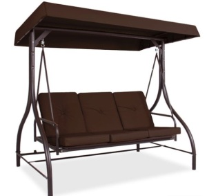 3-Seat Outdoor Canopy Swing Glider Furniture w/ Converting Flatbed Backrest, Brown