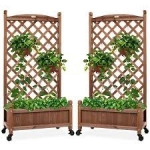 Set of 2 Wood Planter Box & Lattice Trellis w/ Optional Wheels - 48in