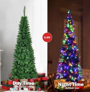 6.5 ft. Pre-Lit Hinged Artificial Pencil Christmas Tree with 250 Multi-Color Lights, Appears New