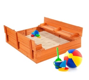 Kids Cedar Sandbox w/ Sand Screen, 2 Benches - 47x47in, Appears New