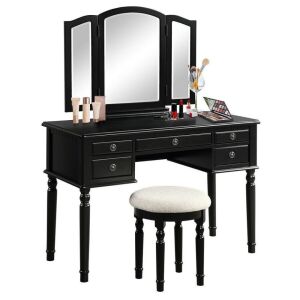 Wooden Vanity with Tri-Fold Mirror and Stool