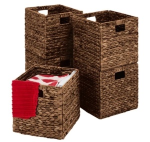 Set of 5 Collapsible Hyacinth Storage Baskets w/ Inserts - 12x12in, Appears New