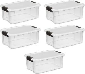 Lot of (5) Sterilite 18 Qt. Clear Storage Containers with (6) White Lids