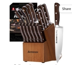 Knife Set, 15 Pcs Kitchen Knife Set With Block, Astercook German Stainless Steel With Scissors, Knife Sharpener and 6 Serrated Steak Knives, Like New, Retail - $63.98