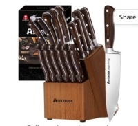 Knife Set, 15 Pcs Kitchen Knife&nbsp;Set With Block, Astercook&nbsp;German Stainless Steel With&nbsp;Scissors, Knife Sharpener and 6&nbsp;Serrated Steak Knives, Like New, Retail - $63.98