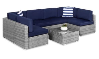 7-Piece Modular Wicker Sectional Conversation Set w/ 2 Pillows, Cover, Gray/Navy