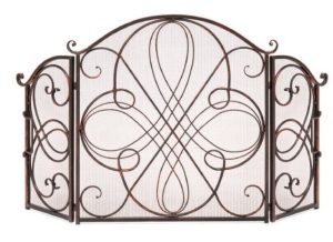 3-Panel Wrought Iron Metal Fireplace Screen Cover w/ Scroll Design - 55x33in, Copper