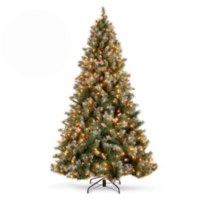 Pre-Lit Christmas Pine Tree w/ Pine Cones, Flocked Branch Tips, Berries, 7.5ft