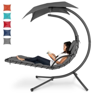 Hanging Curved Chaise Lounge Chair w/ Built-In Pillow, Removable Canopy, Charcoal Gray