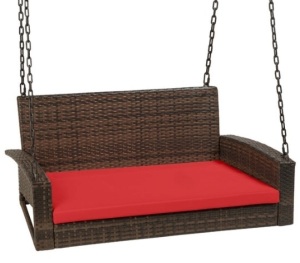 Woven Wicker Hanging Porch Swing Bench w/ Mounting Chains, Seat Cushion, Brown/Red