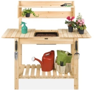 Wood Garden Potting Bench w/ Sliding Tabletop, Food Grade Dry Sink