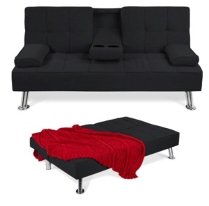 Linen Upholstered Convertible Sofa Bed Futon w/ 2 Cupholders, Black