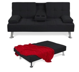 Linen Upholstered Convertible Sofa Bed Futon w/ 2 Cupholders, Black