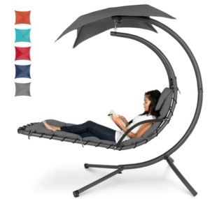 Hanging Curved Chaise Lounge Chair w/ Built-In Pillow, Removable Canopy, Appears New/Box Damaged