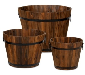 Set of 3 Rustic Wood Bucket Barrel Garden Planters Set w/ Drainage Holes