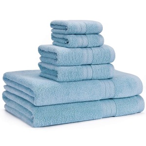 JMD TEXTILE Quick-Dry 100% Combed Cotton Bathroom Jacquard Towel Sets, Fade-Resistant 6-Peice, Light Blue - New 