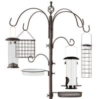 Bird Feeding Station, 6-Hook Steel Multi-Feeder Stand w/ 4 Feeders - 89in, Bronze